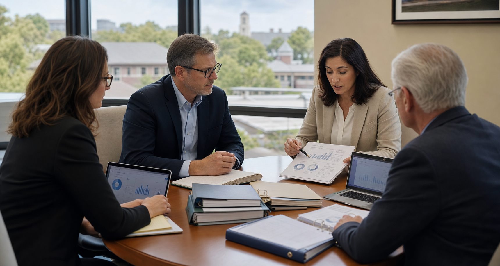 Finance advisor meeting with higher education administrators